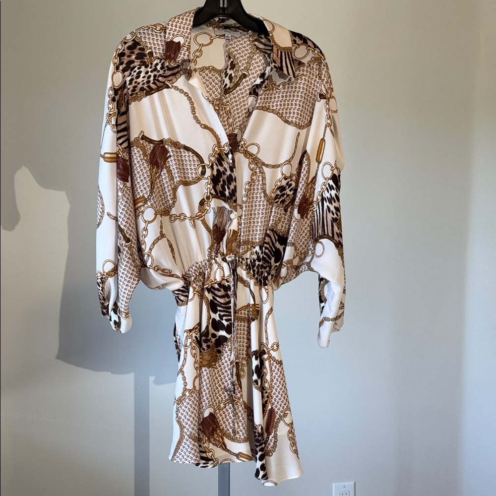 Brand Fate Ivory, Gold, Brown Mini Dress, Size Small, Blousy Sleeves, Buttons